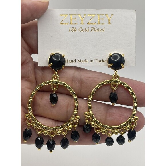 ZEYZEY 18 Karat Gold Plated Adorned Gold Dangle Hoop Earrings With Black Beads N - Picture 3 of 5